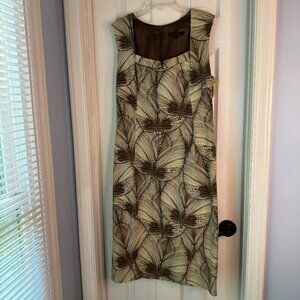 David Meister Palm Leaf Print Sheath Dress Sleeveless Brown/Tan/Green‎ Size 12